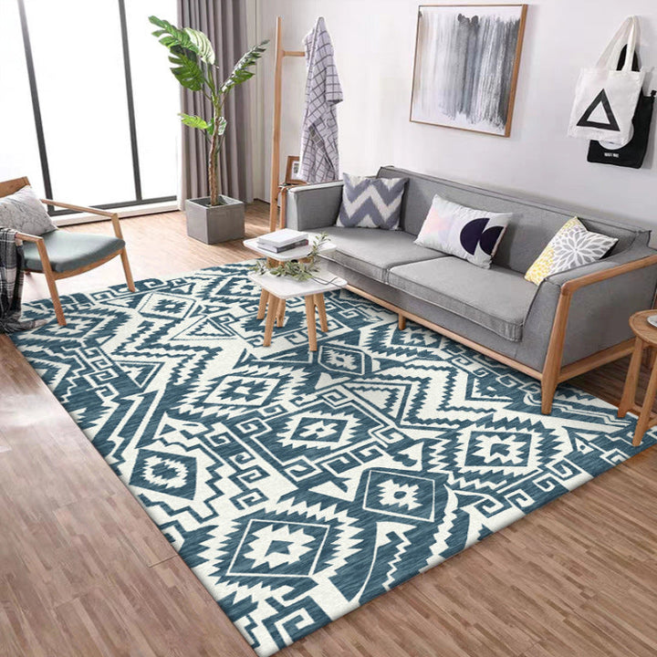 BowLift | Tribal Southwest rug in blue and white geometric pattern rug polyester pet-friendly rug for home decoration