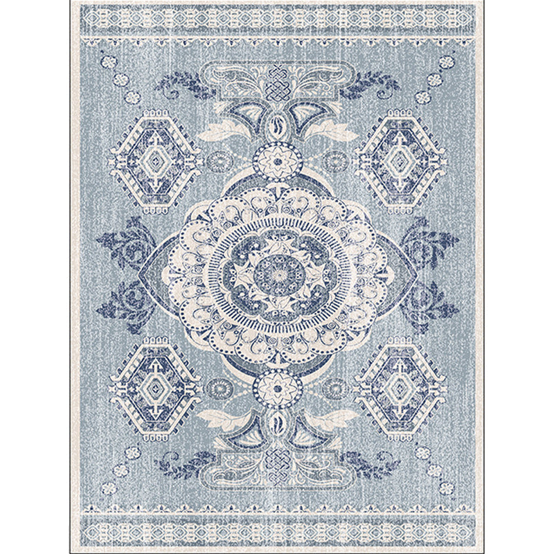 Persian Moroccan carpet in blue medallion with floral leaf pattern carpet polyester non-slip carpet for home decor | Bowlift
