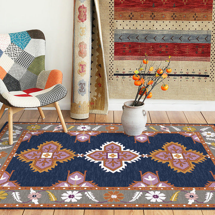 Oriental Moroccan rug in blue and gray with medallion petal pattern rug polyester non-slip rug for home decor | Bowlift