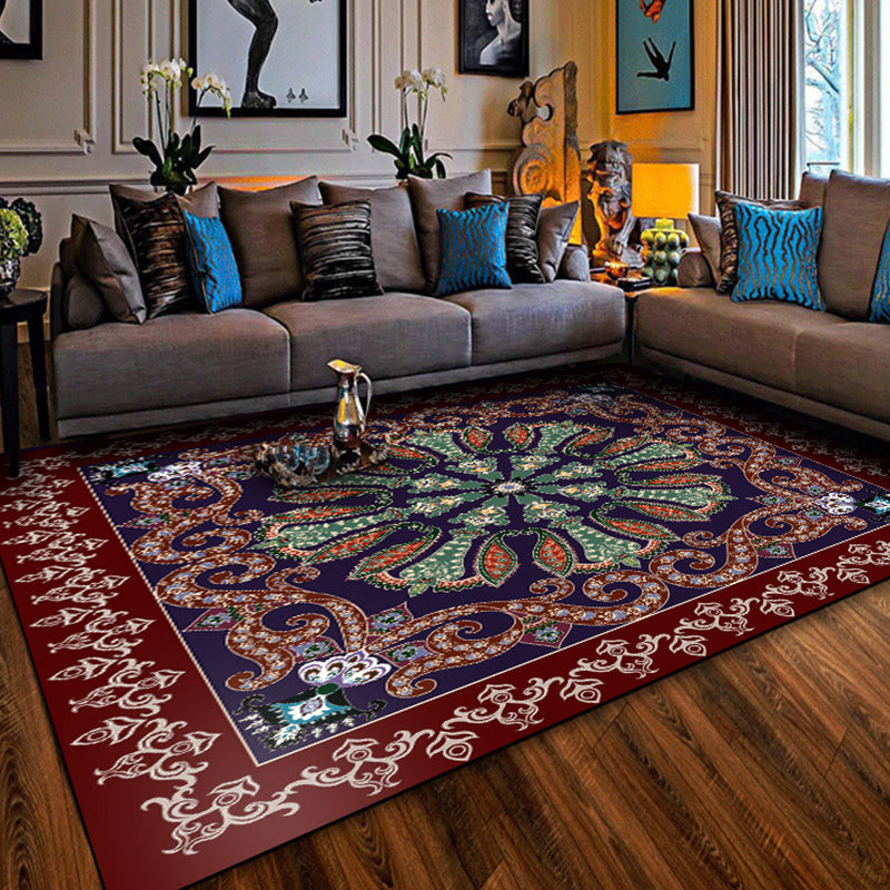 BowLift | Moroccan Living Room Rug in Red and Blue Medallion Pattern Floral Print Rug Polyester Non-Slip Flooring