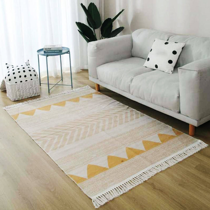 BowLift | Gray and blue southwestern carpet linen tribal and geometric pattern carpet washable fringe back for the living room