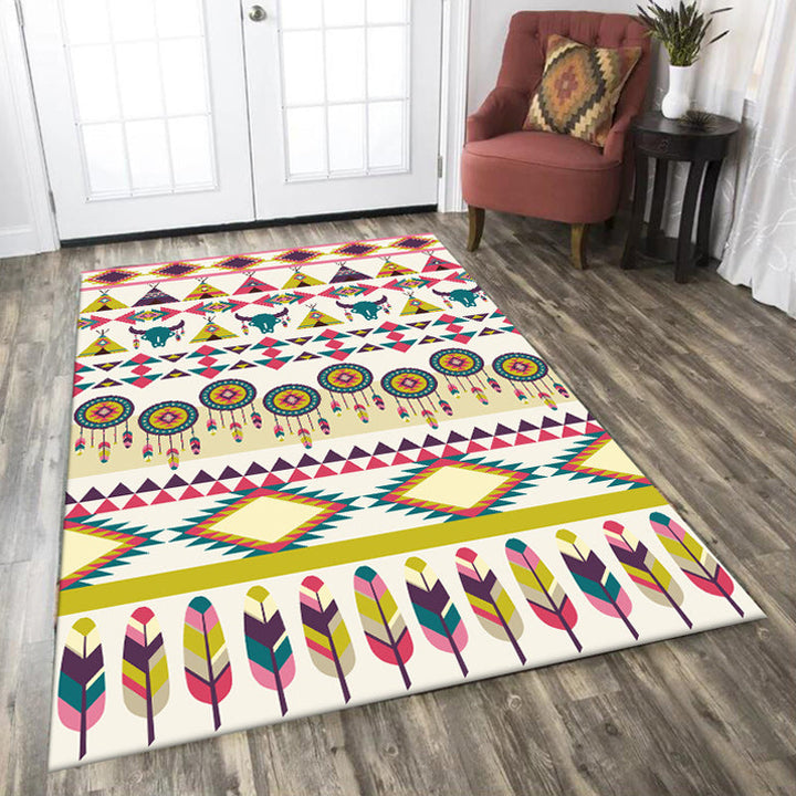 BowLift | Tribal Cow Pattern Rug with Feather Yellow Polyester Rug Machine Washable Non-Slip Back Area Rug for Bedroom
