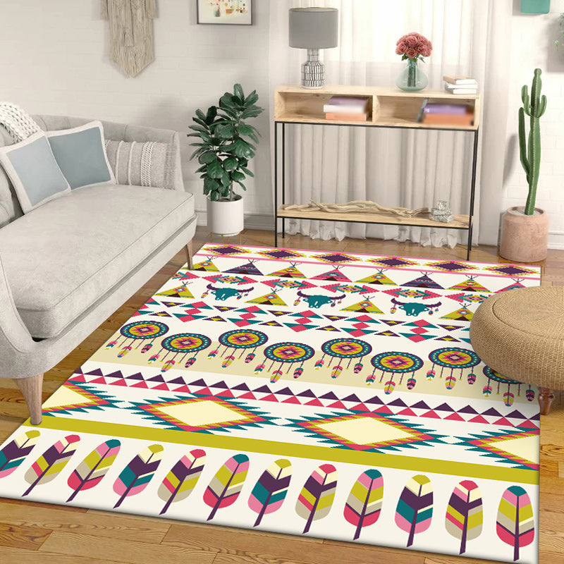 BowLift | Tribal Cow Pattern Rug with Feather Yellow Polyester Rug Machine Washable Non-Slip Back Area Rug for Bedroom