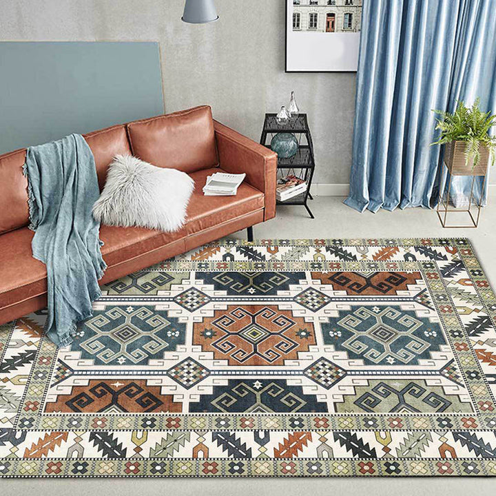 BowLift | Southwest Tribal Pattern Rug Green Polyester Rug Machine Washable Non-Slip Back Rug for Living Room