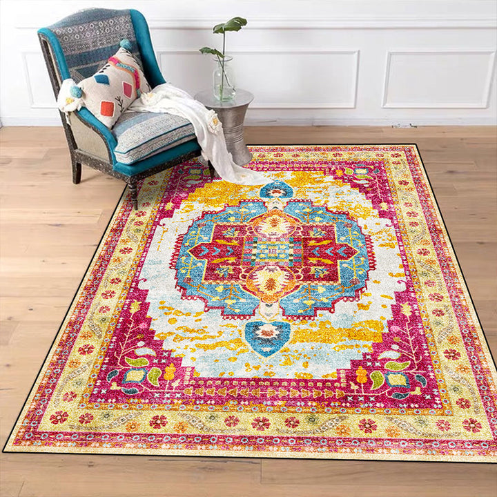 BowLift | Moroccan Living Room Rug in Yellow and Pink Medallion Flower Leaf Geometric Print Rug Polyester Non-Slip Back Area Rug