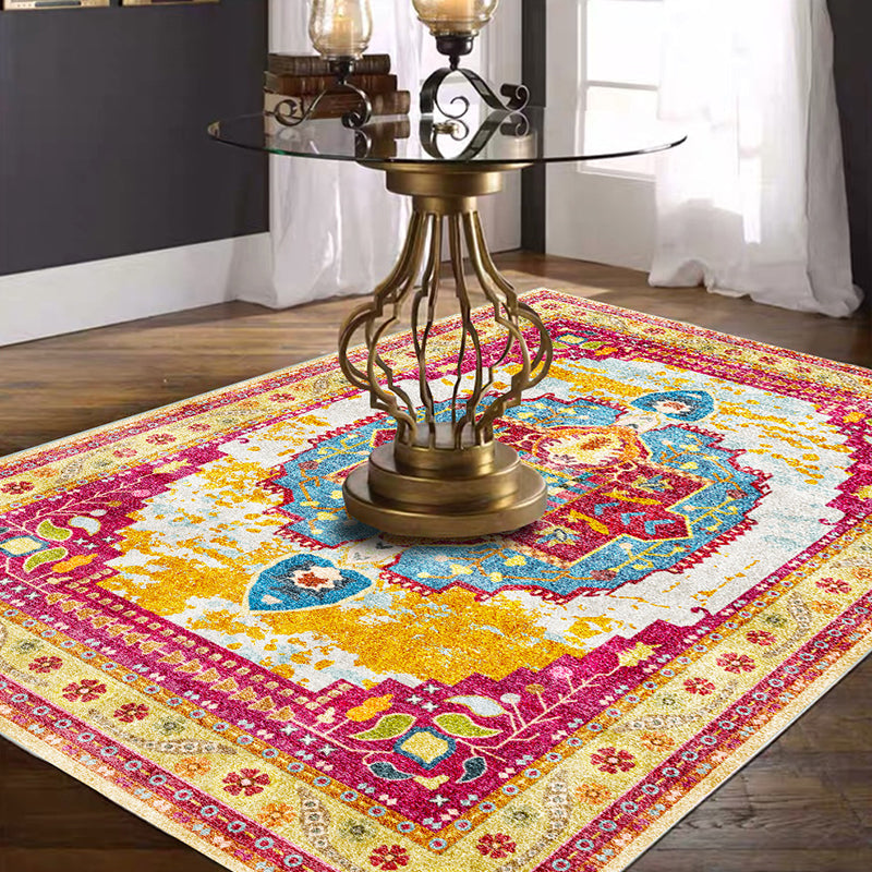 Moroccan Living Room Rug in Yellow and Pink Medallion Flower Petal Geometry Print Rug Polyester Non-Slip Back Area Rug | Bowlift