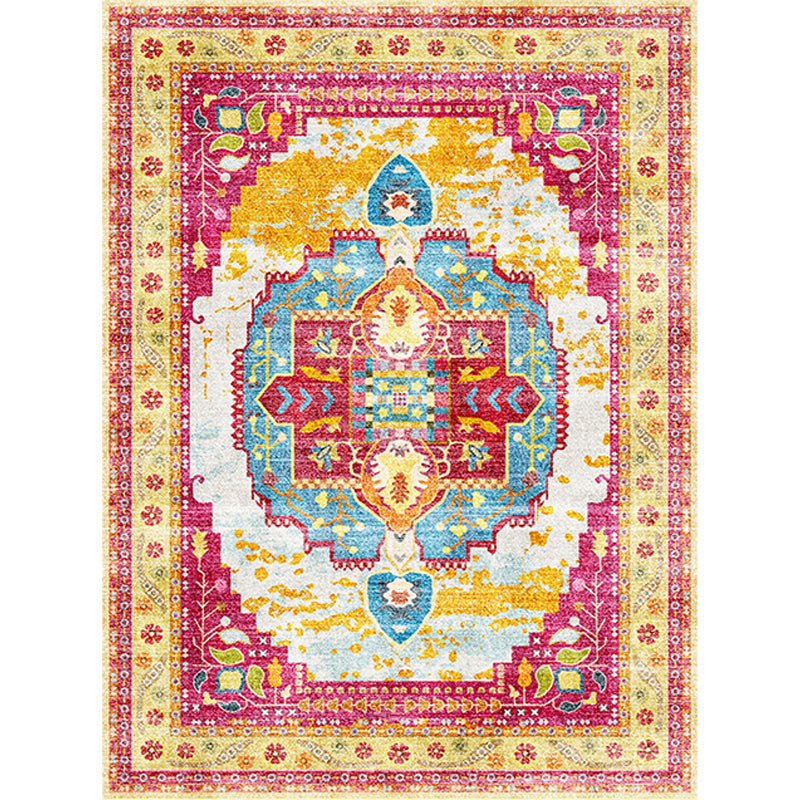 BowLift | Moroccan Living Room Rug in Yellow and Pink Medallion Flower Leaf Geometric Print Rug Polyester Non-Slip Back Area Rug