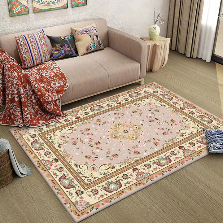 Persian Moroccan carpet in yellow medallion floral pattern carpet polyester washable carpet for home decor | Bowlift