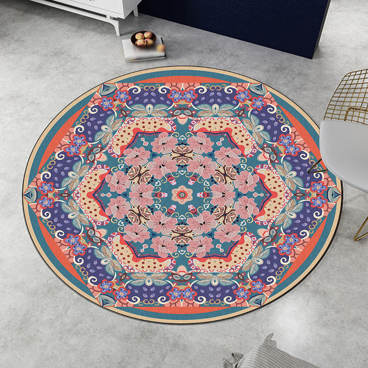 Vintage medallion patterned rug with floral pink and purple tribal rug polyester washable non-slip backing rug for living room | Bowlift