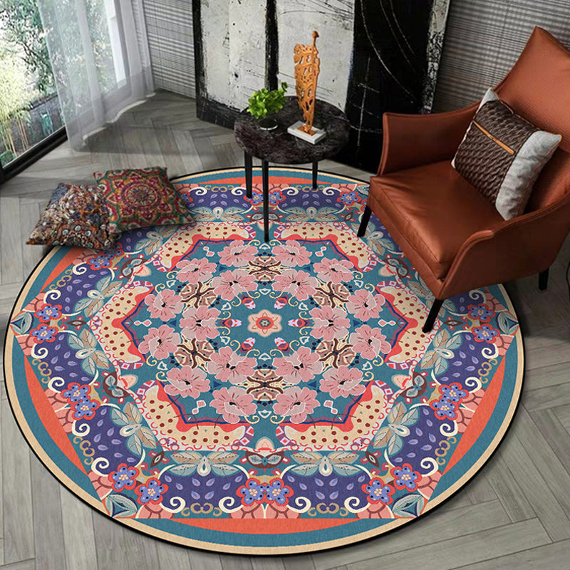 Vintage medallion patterned rug with floral pink and purple tribal rug polyester washable non-slip backing rug for living room | Bowlift