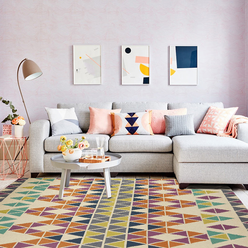 BowLift | Southwest living room rug in ivory colored geometric triangle print rug machine washable polyester carpet