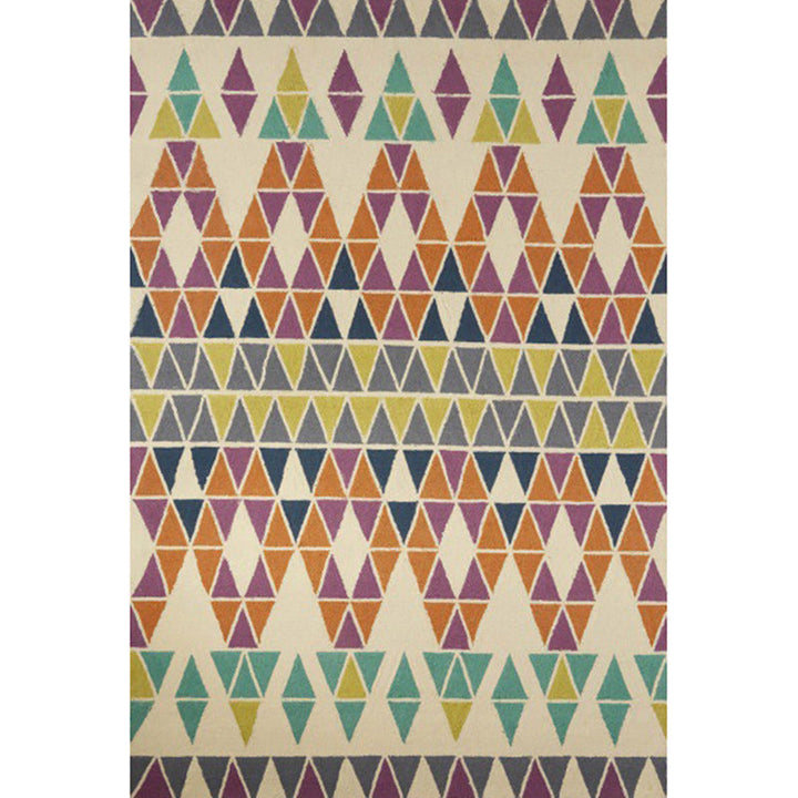 BowLift | Southwest living room rug in ivory colored geometric triangle print rug machine washable polyester carpet