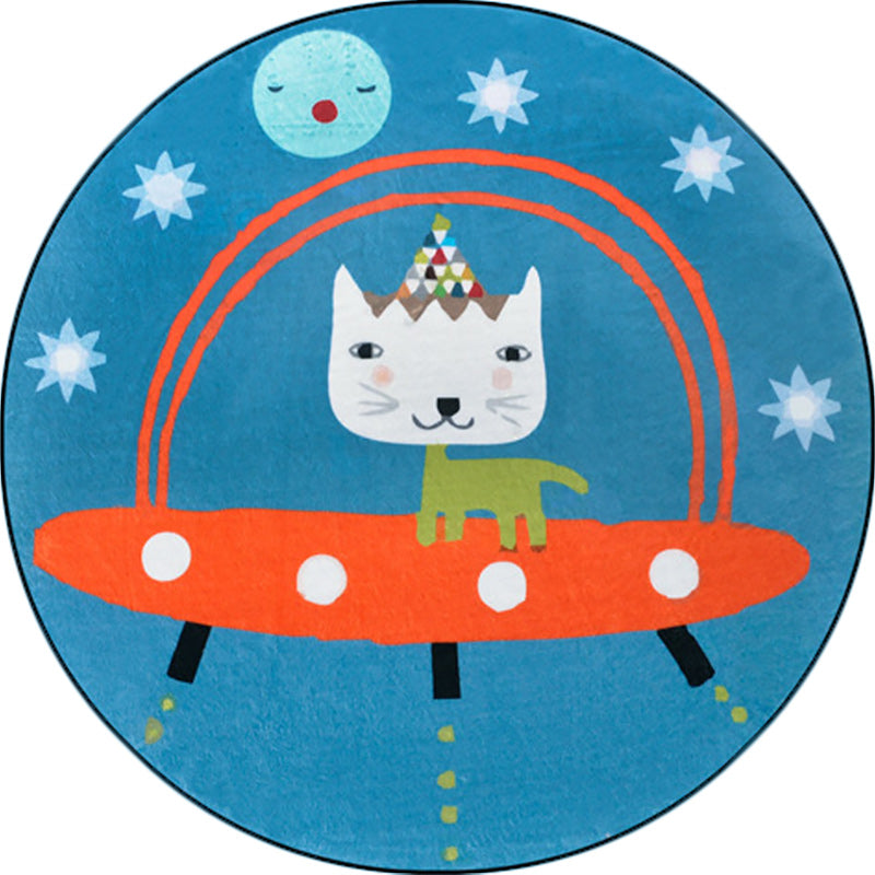 BowLift | Beautiful children's rug in blue animal cat spaceship pattern rug polyester anti-slip mat rug for the children's room