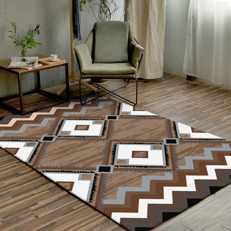 BowLift | Brown Bedroom Carpet Southwestern Geometric Diamond Wave Pattern Area Rug Polyester Non-Slip Rug