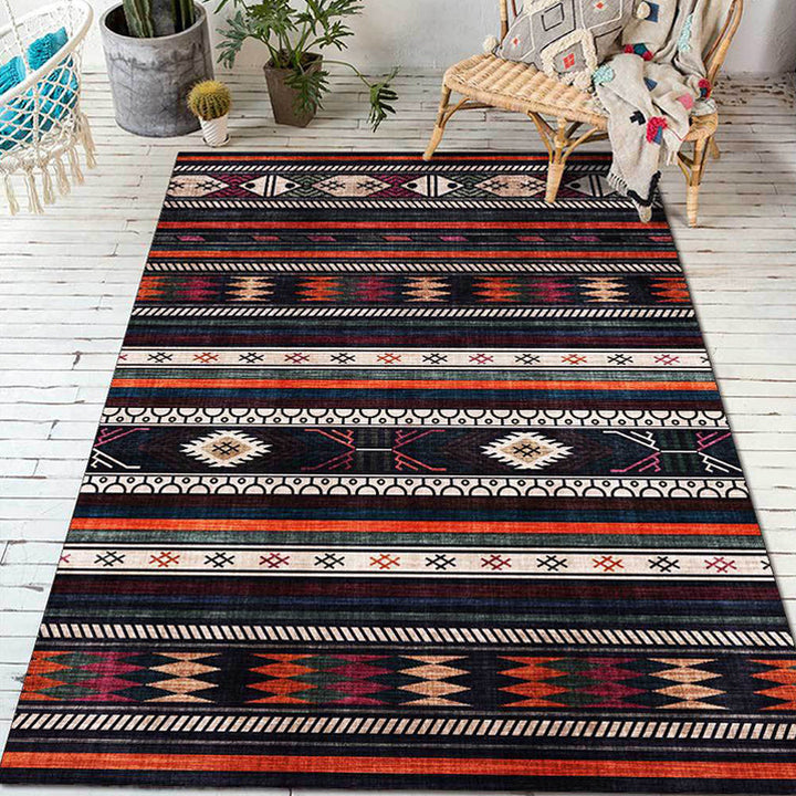 BowLift | Tribal Southwest Rug in Black Geometric Stripe Pattern Rug Polyester Non-Slip Rug for Home Decor