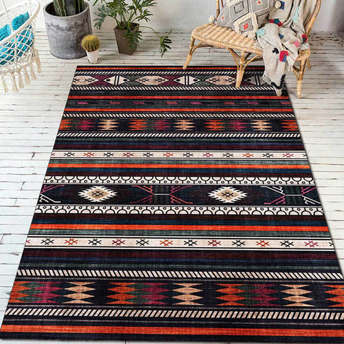 BowLift | Tribal Southwest Rug in Black Geometric Stripe Pattern Rug Polyester Non-Slip Rug for Home Decor