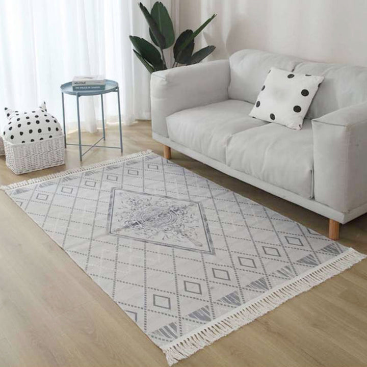 BowLift | Gray and Brown Southwestern Rug Linen Tribal Geometric and Stripe Pattern Rug Washable Fringed Rug for the Living Room