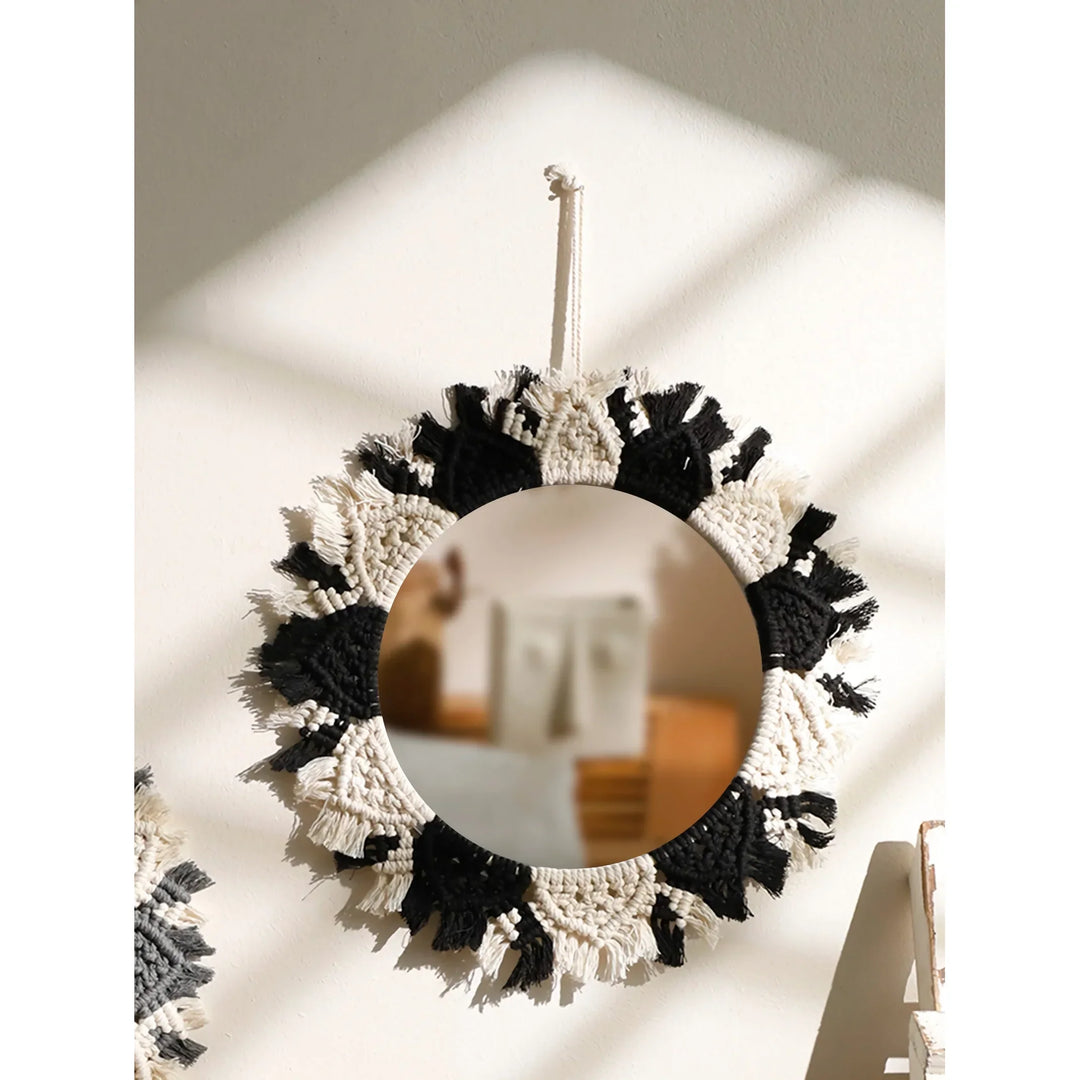 BowLift | Boho Macrame Decorative Mirror - Black and Gray Round Wall Decor