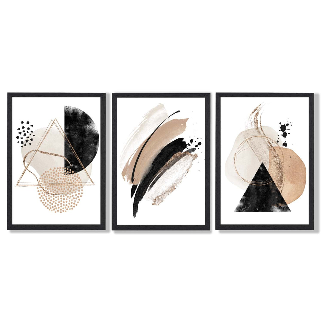 Abstract Black Beige Set of 3 Watercolor Shapes Framed Wall Art | Bowlift