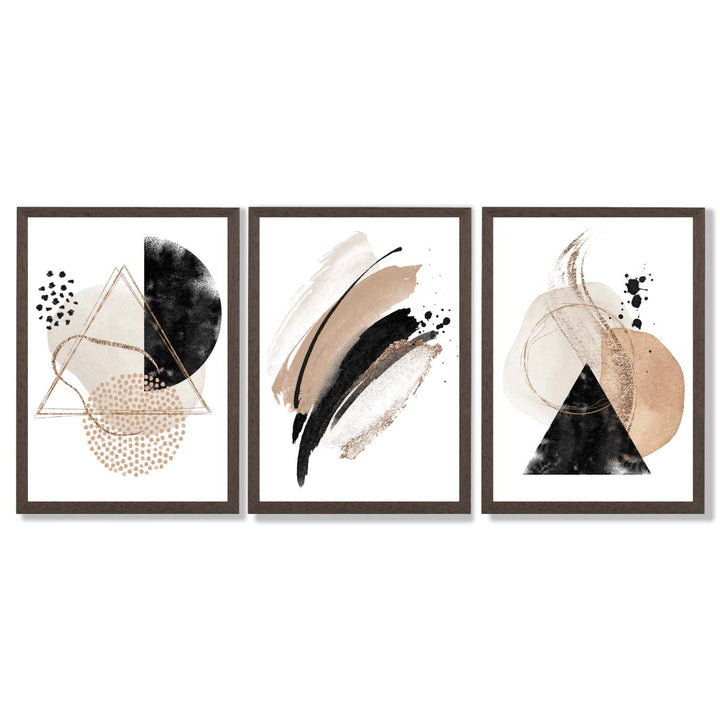 Abstract Black Beige Set of 3 Watercolor Shapes Framed Wall Art | Bowlift