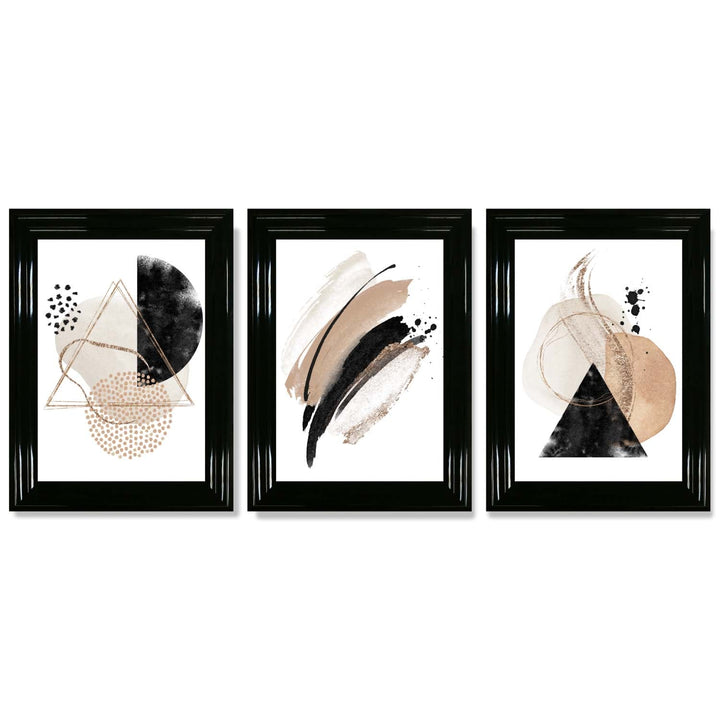 Abstract Black Beige Set of 3 Watercolor Shapes Framed Wall Art | Bowlift