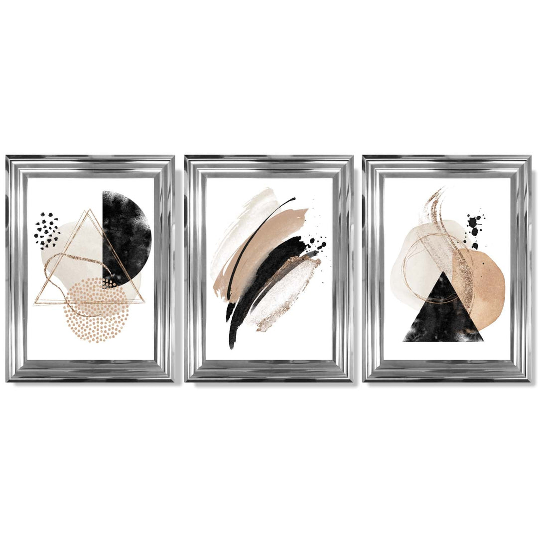 Abstract Black Beige Set of 3 Watercolor Shapes Framed Wall Art | Bowlift