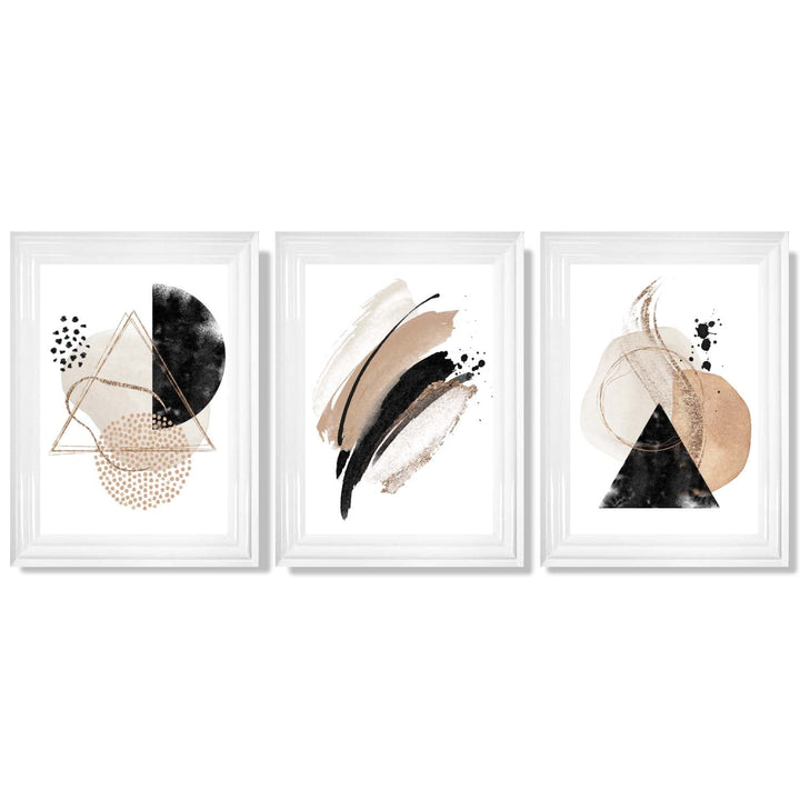 Abstract Black Beige Set of 3 Watercolor Shapes Framed Wall Art | Bowlift