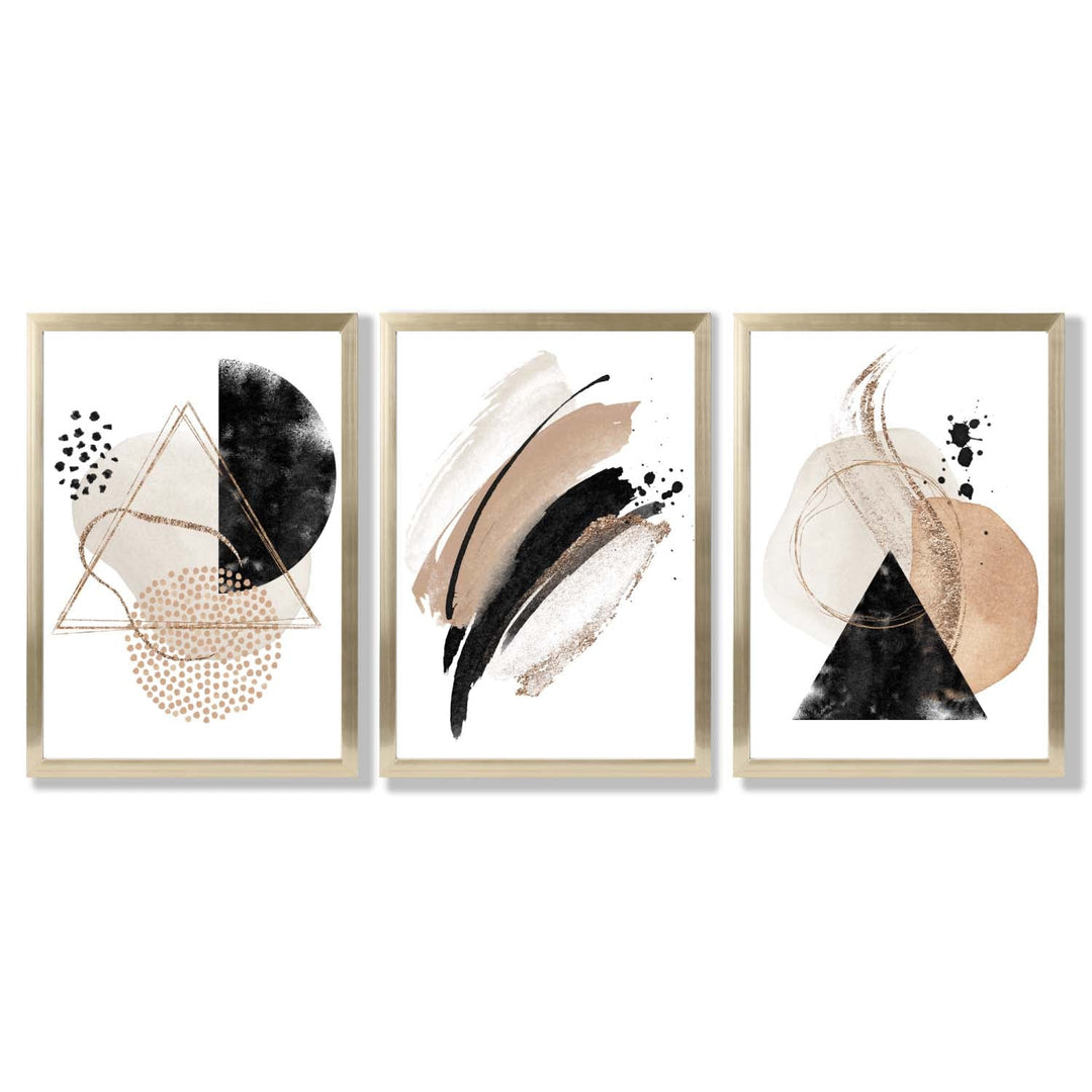 Abstract Black Beige Set of 3 Watercolor Shapes Framed Wall Art | Bowlift