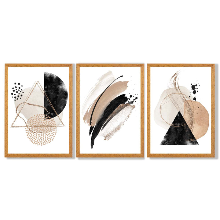 Abstract Black Beige Set of 3 Watercolor Shapes Framed Wall Art | Bowlift