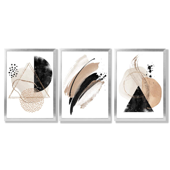 Abstract Black Beige Set of 3 Watercolor Shapes Framed Wall Art | Bowlift
