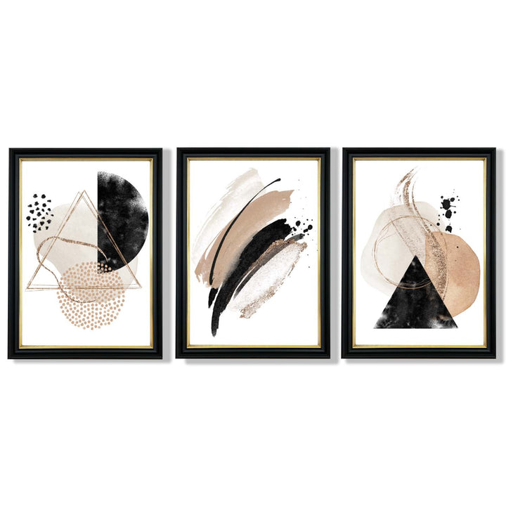 Abstract Black Beige Set of 3 Watercolor Shapes Framed Wall Art | Bowlift