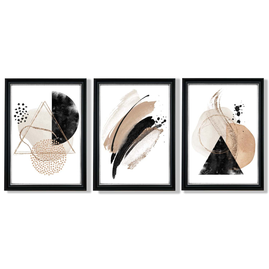 Abstract Black Beige Set of 3 Watercolor Shapes Framed Wall Art | Bowlift