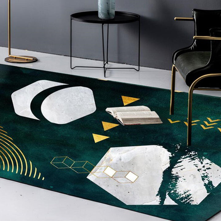 BowLift | Novelty Geometric Print Area Rug Dark Green Polyester Rug Machine Washable Non-Slip Area Rug for Bedroom