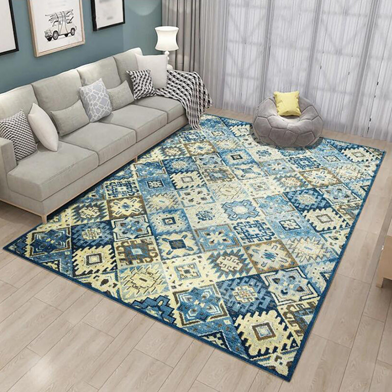 BowLift | Moroccan Living Room Rug in Blue Diamond Print Rug Polyester Stain Resistant Non-Slip Area Rug