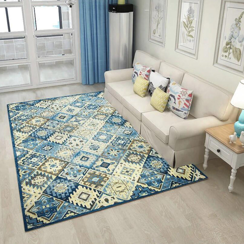 BowLift | Moroccan Living Room Rug in Blue Diamond Print Rug Polyester Stain Resistant Non-Slip Area Rug