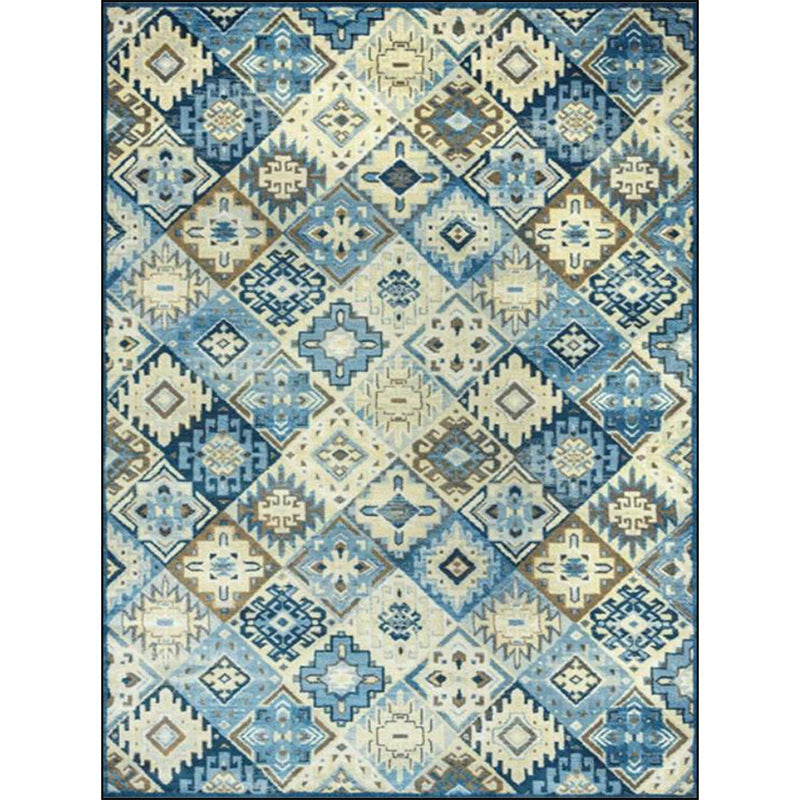 Moroccan living room rug in blue diamond print rug polyester stain resistant non-slip rug | Bowlift