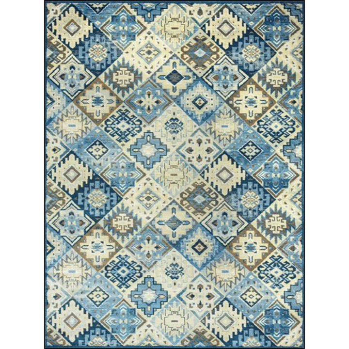 Moroccan living room rug in blue diamond print rug polyester stain resistant non-slip rug | Bowlift