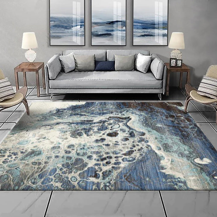 Casual modern rug in blue abstract spray pattern rug polyester washable rug for home decor | Bowlift