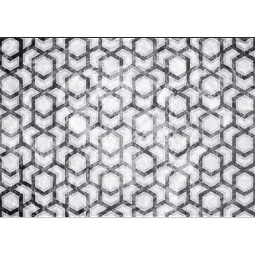 Modern living room rug in black and white with geometric hexagon pattern rug polyester non-slip backing rug | Bowlift
