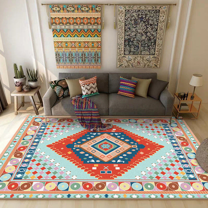 Blue and Orange Bedroom Carpet Moroccan Medallion Circle Diamond Pattern Carpet Polyester Non-slip Washable Carpet | Bowlift