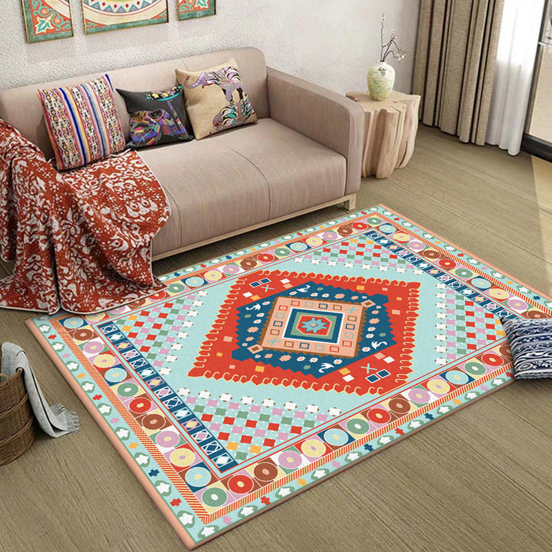 BowLift | Blue and Orange Bedroom Rug Moroccan Medallion Circle Diamond Pattern Rug Polyester Non-Slip Washable Rug