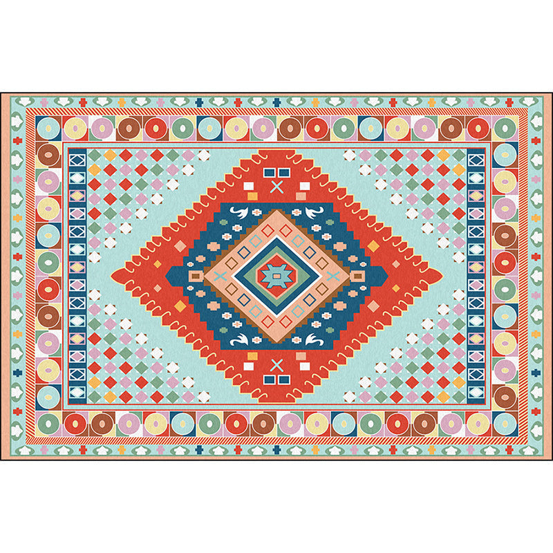 BowLift | Blue and Orange Bedroom Rug Moroccan Medallion Circle Diamond Pattern Rug Polyester Non-Slip Washable Rug