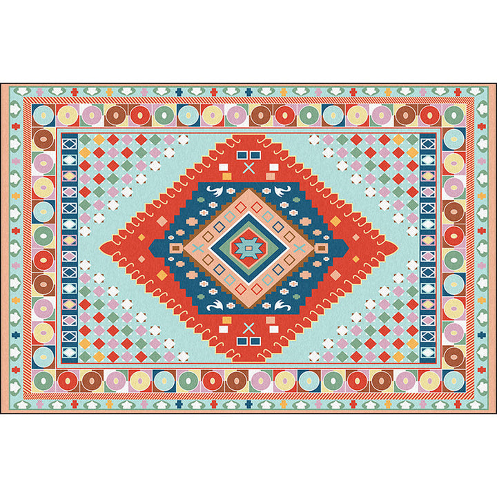 Blue and Orange Bedroom Carpet Moroccan Medallion Circle Diamond Pattern Carpet Polyester Non-slip Washable Carpet | Bowlift