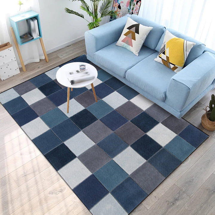 Modern blue checkered living room carpet Carpet Polyester Washable Non-slip Carpet | Bowlift