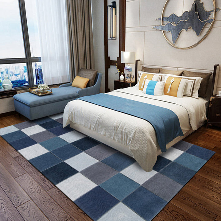 Modern blue checkered living room carpet Carpet Polyester Washable Non-slip Carpet | Bowlift