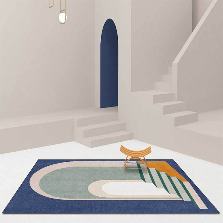 Modern living room rug in blue and green color block door stair print rug polyester machine washable area rug | Bowlift