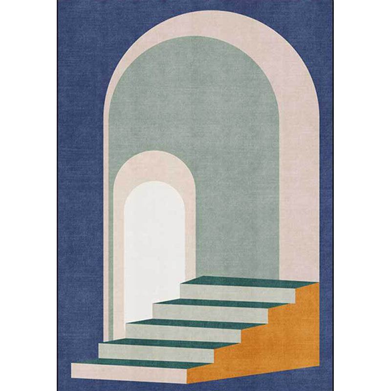 Modern living room rug in blue and green color block door stair print rug polyester machine washable area rug | Bowlift