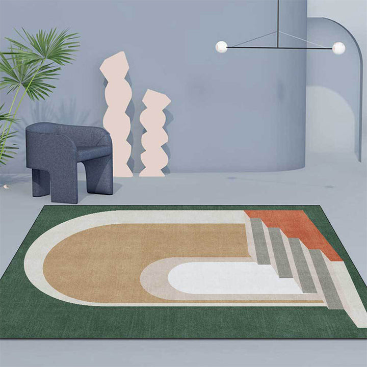 Modern living room rug in blue and green color block door stair print rug polyester machine washable area rug | Bowlift