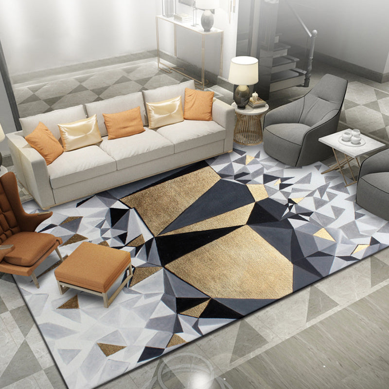 BowLift | Novelty Living Room Rug in Gray and Gold Geometric Irregular Shape Printed Rug Polyester Non-Slip Washable Rug