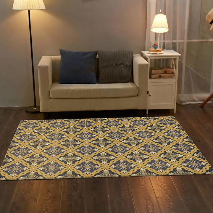 Moroccan living room rug in yellow floral chain pattern rug polyester pet-friendly non-slip area rug | Bowlift
